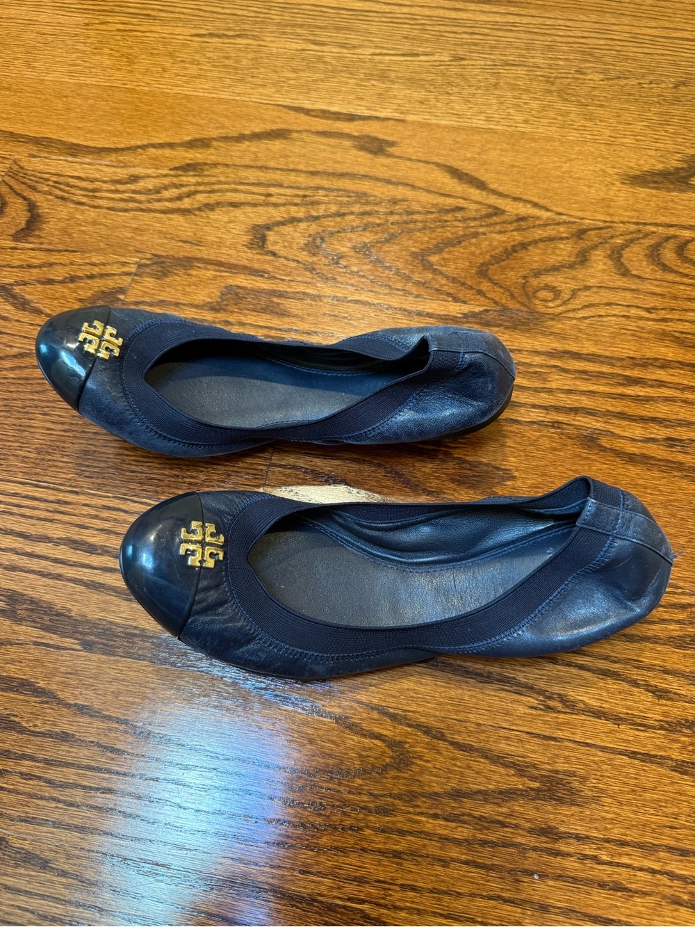 Tory Burch Black Leather Logo Cap-Toe Ballet Flats